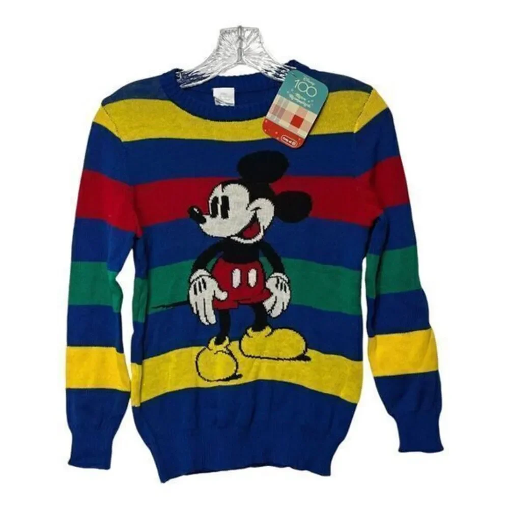 Disney 100 NWT Retro Reimagined Mickey Mouse Colorful Striped Sweater‎ Youth M